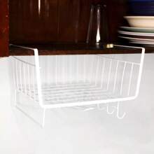 Cesta Repisa  Organizador Canasta Empotrable Acero Multiuno para Cocina, Baño y Hogar , Canasta Bandeja de Metal Rejilla Colgante para Debajo de Estante Mueble Colgar Almacenamiento - CESTA DE ALMACENAMIENTO BLANCO - Ver 3