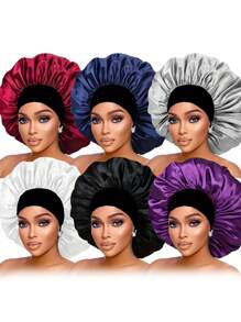 Awegeo 6 件装女士柔软纯色软帽，带黑色弹性边缘，时尚、舒适、透气的护发睡眠帽 - A - 查看 12