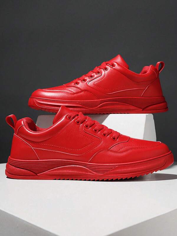 Zapatillas casuales de hombre talla extra, nuevas zapatillas de moda de puntera redonda con cordones, suela plana antideslizante, de piel PU resistente con parches geométricos, para caminar, ocio, deportes y patinaje callejero de color rojo sólido estilo moda calle