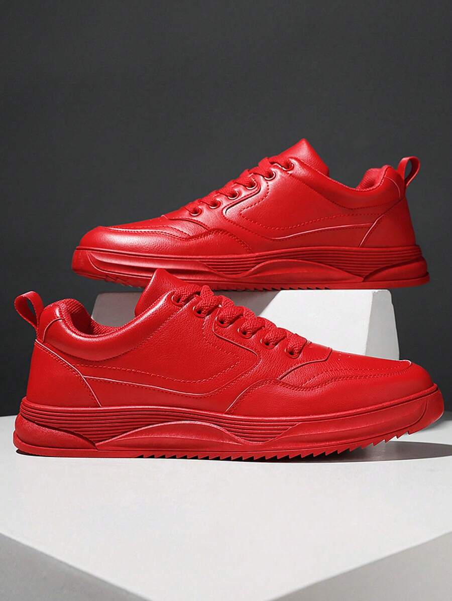 Zapatillas casuales de hombre talla extra, nuevas zapatillas de moda de puntera redonda con cordones, suela plana antideslizante, de piel PU resistente con parches geométricos, para caminar, ocio, deportes y patinaje callejero de color rojo sólido estilo moda calle