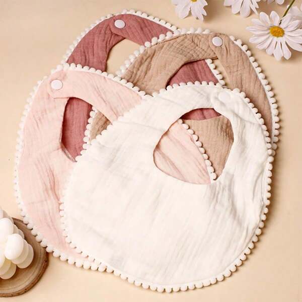 2 piezas/3 piezas/4 piezas Baberos suaves y ajustables para bebés con pompones lindos, adecuado para niños y niñas - perfecto para la baba y la alimentación