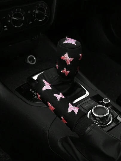 MEIKAXIU 2件套烫金蝴蝶图案闪亮亮片汽车手刹及换挡杆套，通用型，女士汽车配件