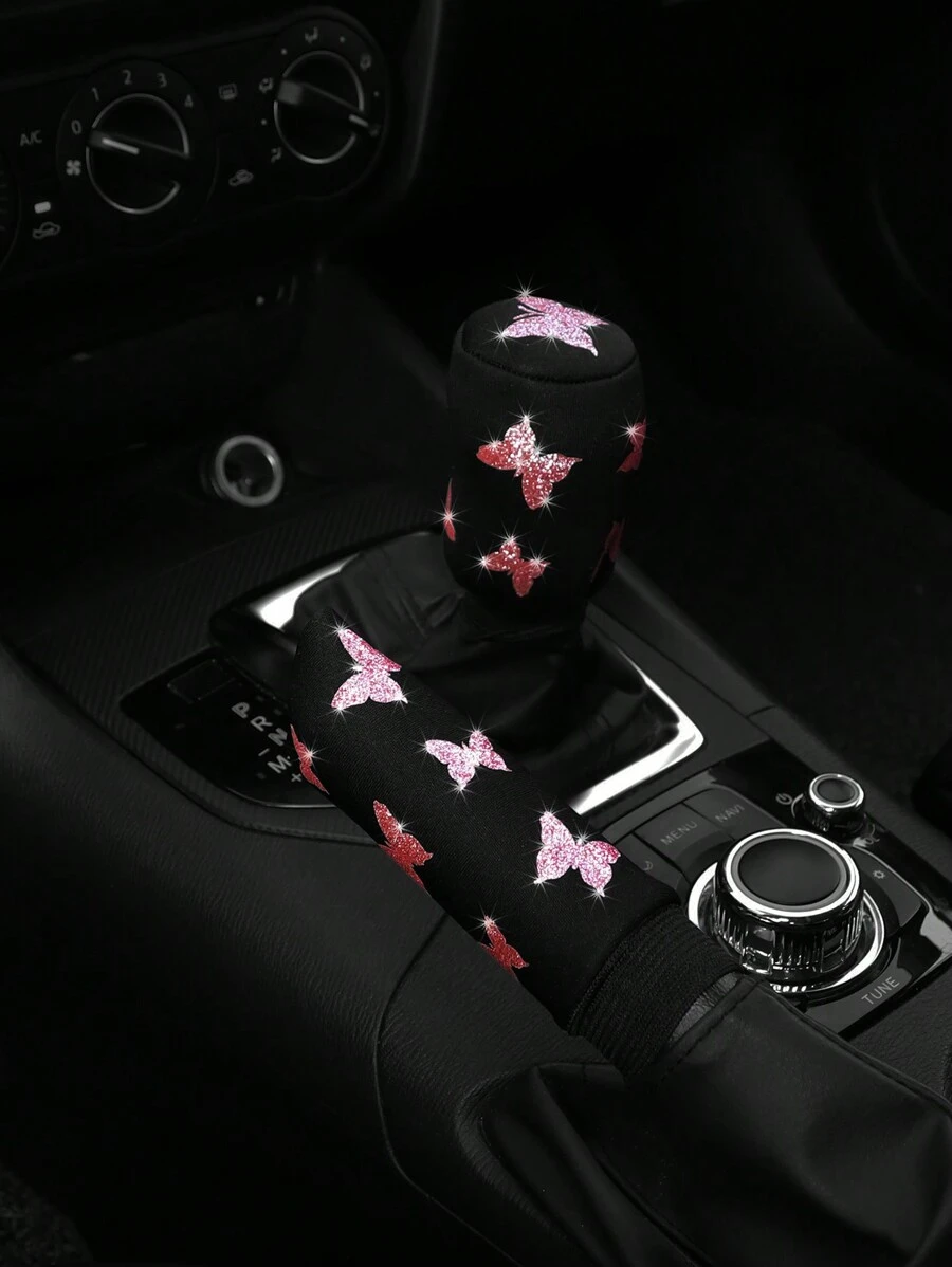 MEIKAXIU 2件套烫金蝴蝶图案闪亮亮片汽车手刹及换挡杆套，通用型，女士汽车配件