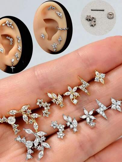 1 件扁平耳钉，不锈钢防水迷你立方氧化锆花朵耳骨耳钉，精致小巧，适合女性耳软骨、耳廓佩戴，情人节、母亲节礼物