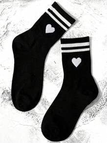 2 pares de calcetines de tripulación de mujer con diseño de corazones sólidos y a rayas, versátiles, de moda, simples, suaves, cómodos y transpirables, ideales para el verano