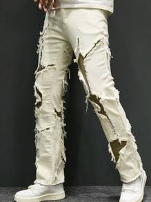 Men's Fashionable Fringe Denim Jeans - White - View 4