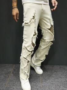 Men's Fashionable Fringe Denim Jeans - White - View 5