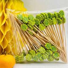 200/100/50/15 piezas Pinchos para aperitivos, palillos decorativos y palillos para comida de bambú con diseño de caparazón de tortuga tropical, hojas verdes decorativas, de 4.7 pulgadas de largo, para fiestas hawaianas y Navidad