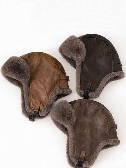 1pc Couple Thick & Thermal Lined Faux Leather Ear Flaps Trapper Hat With Chain, Warm & Windproof For Outdoor Cycling Skiing, Winter Accessories & Holiday Gift Winter Outfits