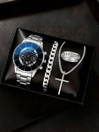 男士 4 件套时尚套装：带日历的石英表、银色吊坠项链、戒指和手链 - 送给他的完美礼物