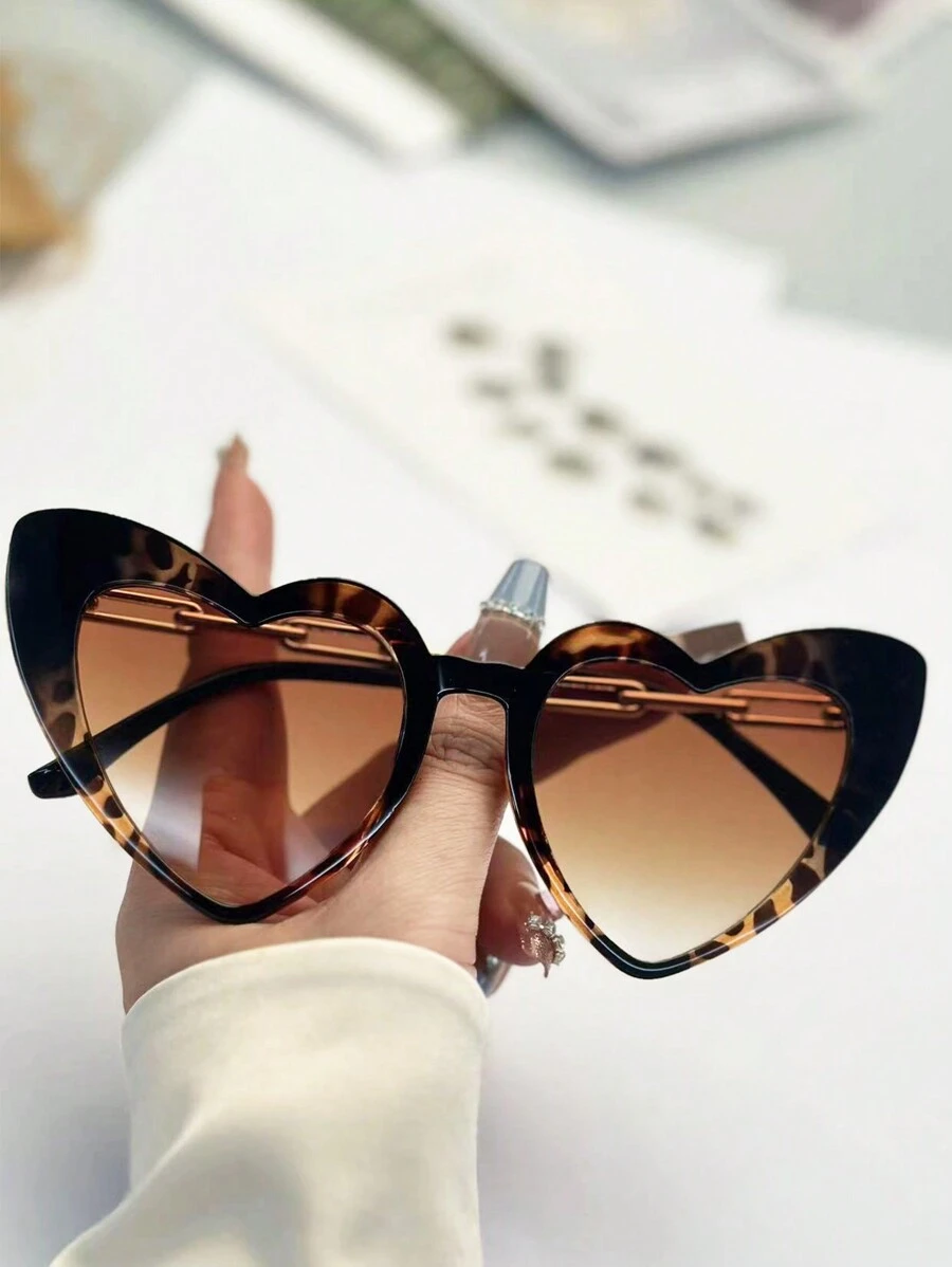 1 副时尚豹纹心形眼镜，适合日常佩戴，女士沙滩配饰，眼镜，墨镜，基础款，秋冬女士服装，商务休闲礼物，情人节，撞色波西米亚风，适合夏季海滩度假、户外、旅行 - 90182金框漸茶 - 查看 1