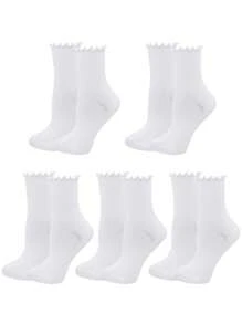 5 Pairs Women White Novelty Cute Ruffled Frilly Ankle Crew Socks - White - View 1