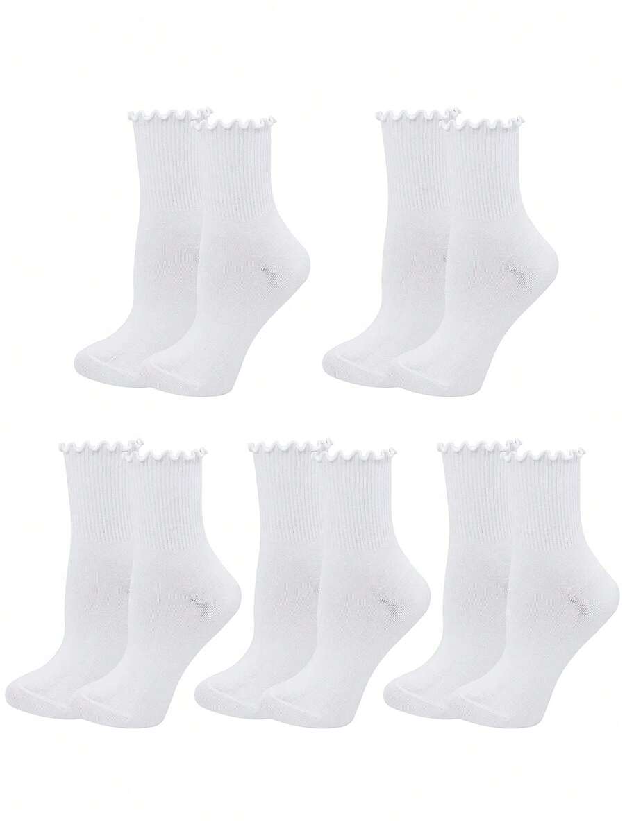 5 Pairs Women White Novelty Cute Ruffled Frilly Ankle Crew Socks - White - View 1