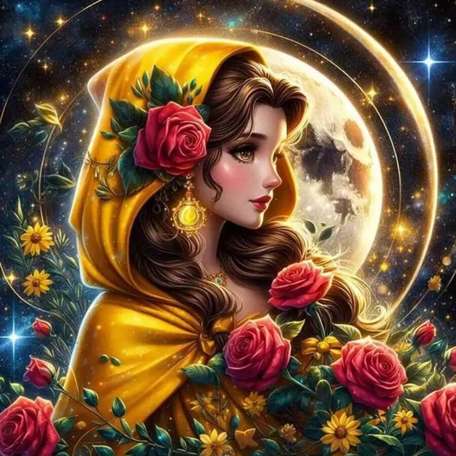MIN ISO No use 1pc Full Diamond Painting Round Cartoon Princess Character Mosaic Wall Decor - Gold - View 1