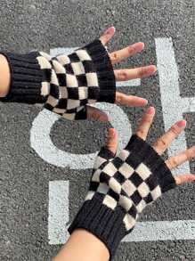 1 双黑白棋盘格露指手套，针织连指手套，适合年轻人，男女通用，秋冬季打字手套，休闲宽松款，夏季送朋友的礼物 - 彩色 - 查看 3
