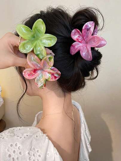 3 件女士粉色、绿色、卡其色渐变花朵大号塑料发夹，时尚、优雅、简约风格，纯色发饰适合日常、休闲、派对、通勤、度假、马尾辫、发髻、洗脸、化妆、服装搭配，花爪发夹发夹发夹发夹，爪夹