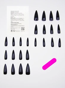 24 PIEZAS Uñas falsas de vino negro, uñas postizas con diseño simple, uñas falsas para uso diario de mujeres y niñas (forma de stiletto larga)