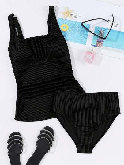 Set tankini cu volanat cu gât pătrat pentru femei - costum de baie din două piese perfect pentru vacanța de vară la plajă