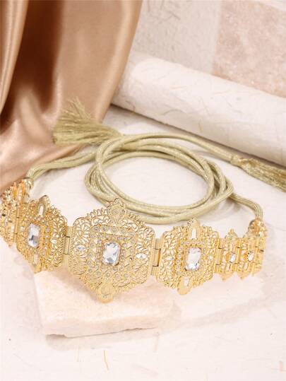 Boho Floral Hollow Lace-Up Waist Chain, Moroccan Women Body Chain, Tassel Adjustable Caftan Dress Accessory, Suitable For Wedding, Festival, Performance, Street Style