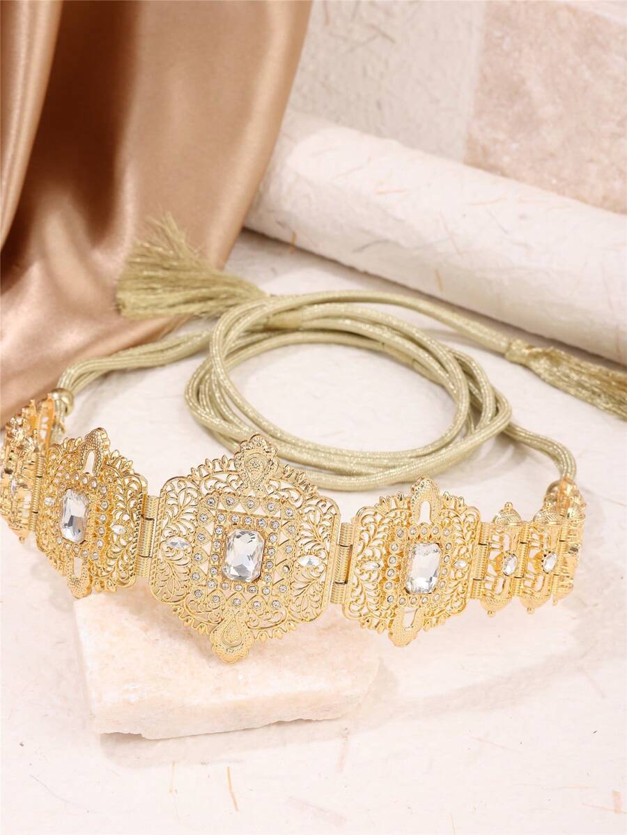 Boho Floral Hollow Lace-Up Waist Chain, Moroccan Women Body Chain, Tassel Adjustable Caftan Dress Accessory, Suitable For Wedding, Festival, Performance, Street Style - Waist Chain - View 1