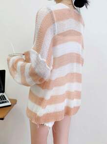 1pc Women Openwork Striped Cardigan Shrug Top, Lightweight And Loose, Sweet And Gentle V-Neck Style, Suitable For Spring And Autumn Accessories Women