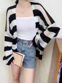 1pc Women Openwork Striped Cardigan Shrug Top, Lightweight And Loose, Sweet And Gentle V-Neck Style, Suitable For Spring And Autumn Accessories Women
