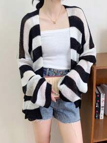 1pc Women Openwork Striped Cardigan Shrug Top, Lightweight And Loose, Sweet And Gentle V-Neck Style, Suitable For Spring And Autumn Accessories Women