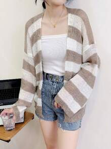 1pc Women Openwork Striped Cardigan Shrug Top, Lightweight And Loose, Sweet And Gentle V-Neck Style, Suitable For Spring And Autumn Accessories Women