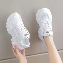 女式白色厚底系带网眼圆头休闲运动鞋 - 白色 - 查看 1
