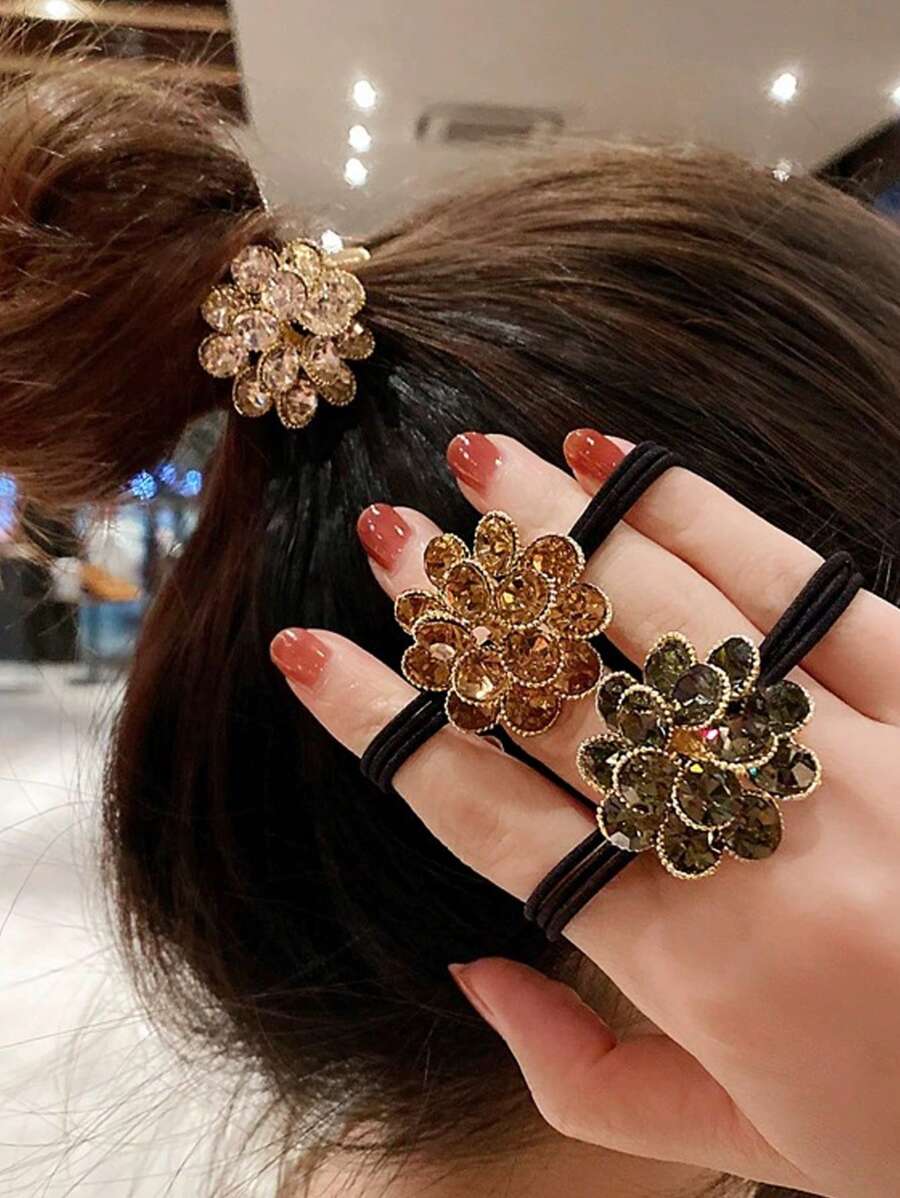 Dây buộc tóc và vòng tay bằng hợp kim màu trơn đính pha lê tròn, phụ kiện trang trí tóc mới dành cho nữ, dây buộc tóc đuôi ngựa, kẹp tóc, dây chun buộc tóc, dây chun buộc tóc, phụ kiện tóc đội đầu. - Nhiều màu - Xem 1