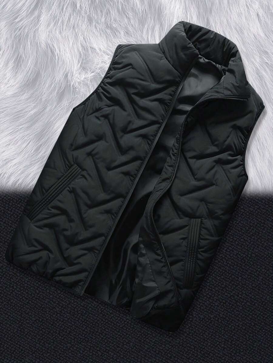 Men's Casual Solid Color Zipper Winter Sleeveless Warm Padded Vest - Black - View 1