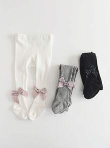 3 件装幼儿女孩蝴蝶结紧身打底裤黑白款，柔软舒适的儿童紧身裤，适合日常穿着 - 彩色 - 查看 3