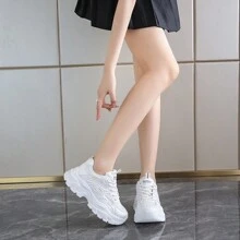 女式白色厚底系带网眼圆头休闲运动鞋 - 白色 - 查看 3