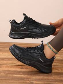 新款秋冬女士时尚舒适超轻透气休闲运动鞋防滑耐磨高弹减震柔软跑步鞋皮革亮片字母拼接百搭时尚潮流运动鞋圆头前系带黑色防水防污简约时尚女士户外运动鞋校园风格百搭休闲鞋男女通用超轻软底厨房/工作鞋 - 黑與白 - 查看 4