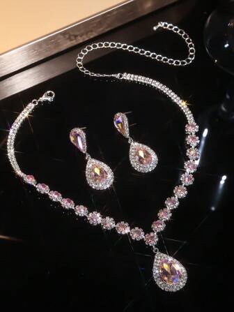 1 pieza Gargantilla con colgante de lágrima de cristal geométrico de varios colores de moda y 1 pieza de aretes a Set con lágrima de cristal, adecuado para vestido de noche y uso diario de mujeres