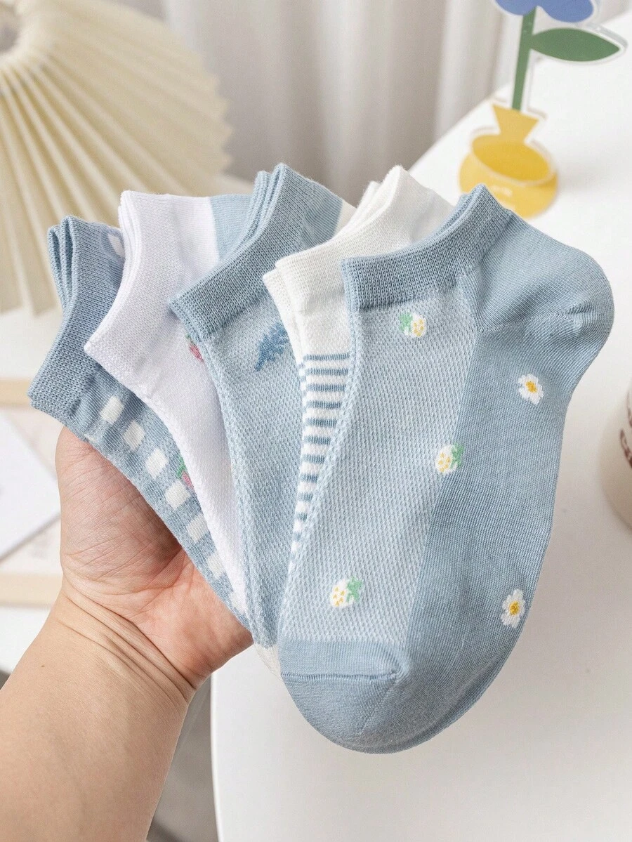 5 Pairs Breathable Moisture-Wicking Mesh Strawberry Pattern Fashion Women Short Socks, All Season - Multicolor - View 1