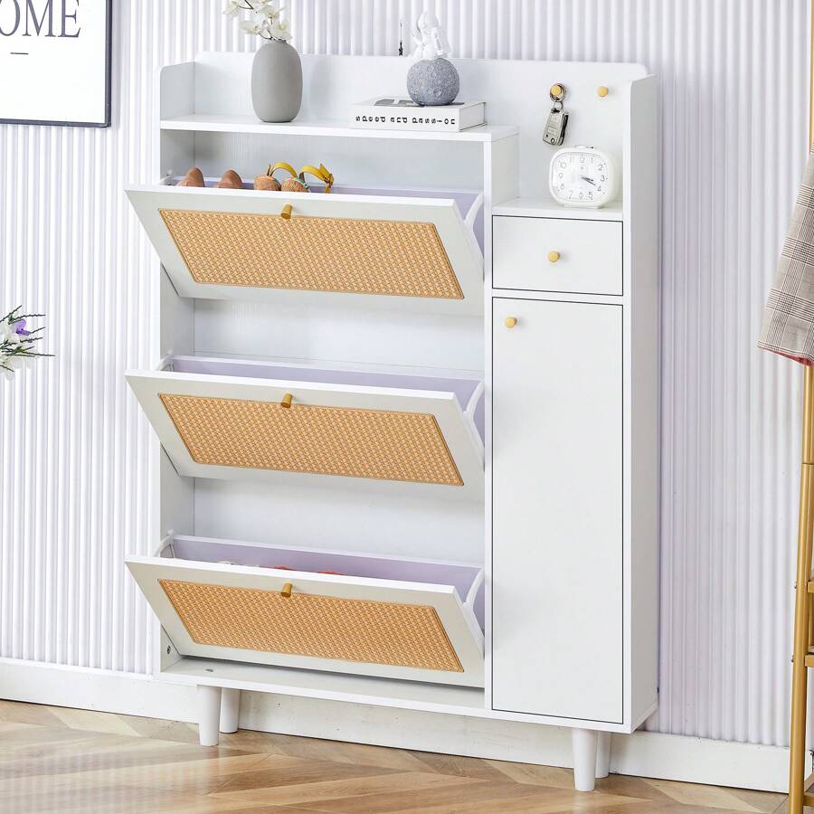Modern Minimalist Storage Cabinet, Japanese Rattan Shoe Cabinet, Bed Top Cabinet, Small Home Furniture. Suitable For Corridors And Living Rooms. - White - View 1