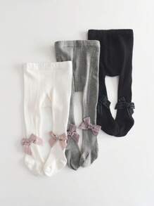 3 件装幼儿女孩蝴蝶结紧身打底裤黑白款，柔软舒适的儿童紧身裤，适合日常穿着 - 彩色 - 查看 1