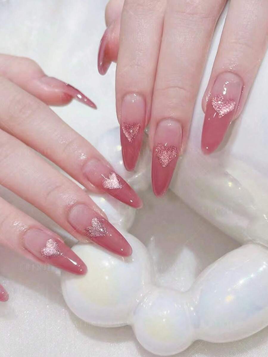 30件装长款日系ins风粉色可爱猫眼美甲甜美温柔渐变优雅长尖头指甲适合女性美甲装饰+1片果冻胶+1条摩擦条 - 彩色 - 查看 1