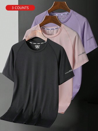 3 件套女士短袖字母印花圆领休闲户外运动 T 恤（浅粉色 + 紫色 + 黑色）