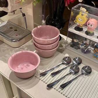 4.8-Inch Cream-Colored Ceramic Rice Bowl, Dessert Bowl, Glazed Tableware, Household Dinnerware, Korean Style, Retro Minimalist, Microwave-, Cute Couple/Student Dorm Bowls