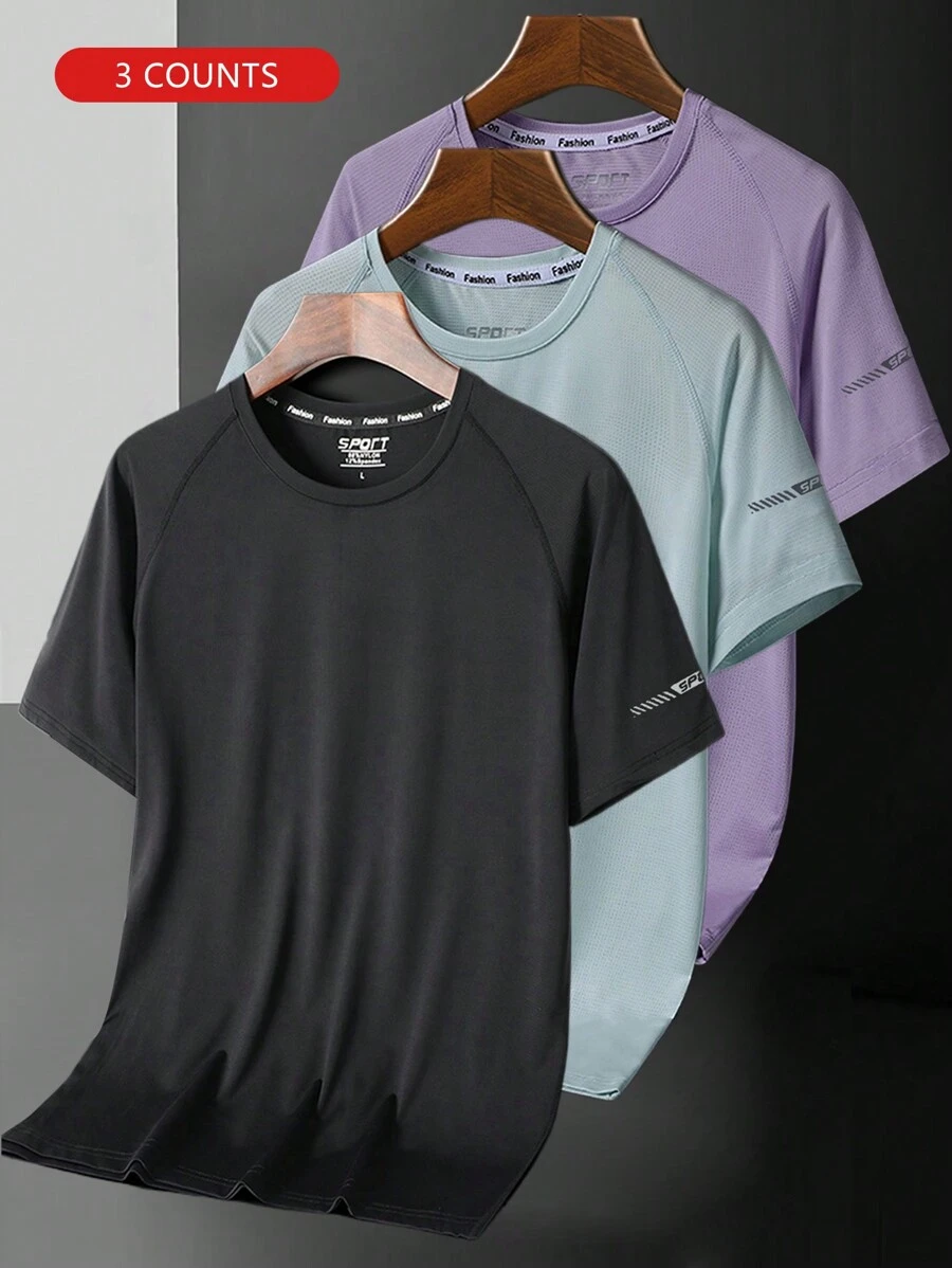 3pcs Women Outdoor Casual Short Sleeve Letter Print Round Neck Tops (Purple + Denim Blue + Black)