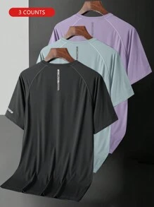 3pcs Women Outdoor Casual Short Sleeve Letter Print Round Neck Tops (Purple + Denim Blue + Black)