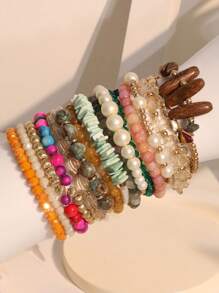 16 件/套贝壳和水晶天然石手链套装，适合女性度假海滩和日常佩戴 - 彩色 - 查看 6