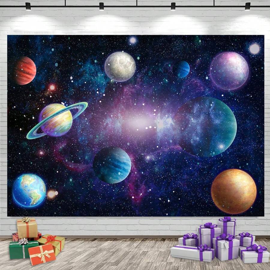 1 buc Fundal de fotografie cu planetă înstelată 210 * 150 cm / 150 * 100 cm / 100 * 75 cm Decorațiune de petrecere colorată cu planetă pentru petrecere de ziua de naștere, petrecere pentru copii, botez, fundal de studio fotografic