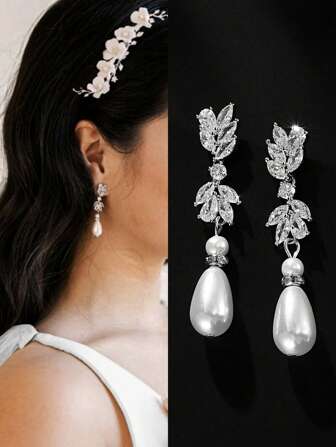 2 件精美人造珍珠和方晶锆石新娘伴娘耳环，不褪色婚礼珠宝万圣节