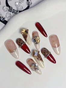 10 件/包奢华手工水钻巴洛克杏仁形美甲片 - 勃艮第法式扎染搭配奶白色，豹纹半半搭配金色水钻，奶白色法式片搭配超大水钻。适合所有肤色，适合日常佩戴、音乐节、派对、节日、约会和新娘。附赠 1 件果冻凝胶 + 1 件指甲缓冲块。 - 彩色 - 查看 5