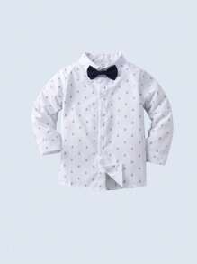 BOARNSEORL 3pcs/Set Young Boys Gentleman Outfit Random Printed Long Sleeve Shirt With Bowtie, Navy Blazer And Trousers, Elegant Fashion Suit For Birthday Party, Wedding, Ceremony