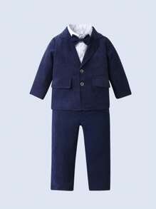 BOARNSEORL 3pcs/Set Young Boys Gentleman Outfit Random Printed Long Sleeve Shirt With Bowtie, Navy Blazer And Trousers, Elegant Fashion Suit For Birthday Party, Wedding, Ceremony