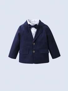 BOARNSEORL 3pcs/Set Young Boys Gentleman Outfit Random Printed Long Sleeve Shirt With Bowtie, Navy Blazer And Trousers, Elegant Fashion Suit For Birthday Party, Wedding, Ceremony